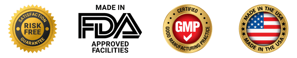 ProstaBliss trust badges – GMP certified, FDA registered, Made in USA, natural, non-GMO supplement