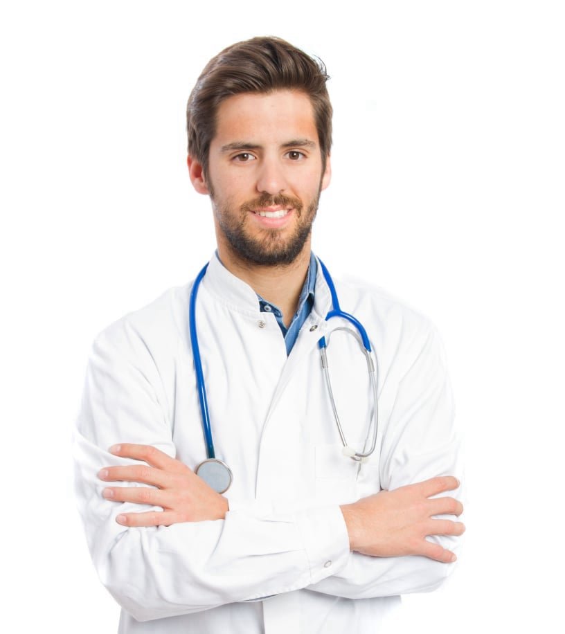 Smiling urologist in white coat recommending ProstaBliss prostate support